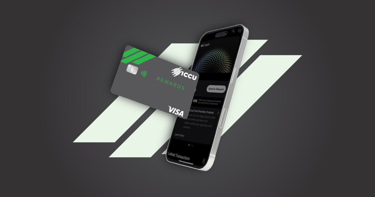 An ICCU Rewards credit card next to a mobile pay screen.