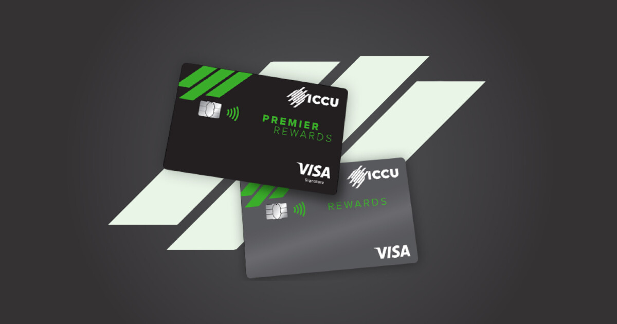 ICCU Premier Rewards and Rewards credit cards on a slate grey background.