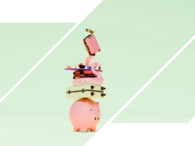 A piggy bank juggling the finances of life, including a suitcase, a pool floatie, and more.