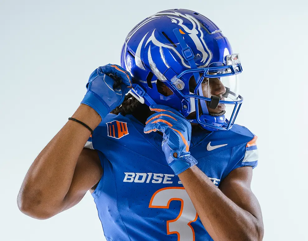 Boise State Football student-athlete Latrell Caples wearing the Broncos head gear.