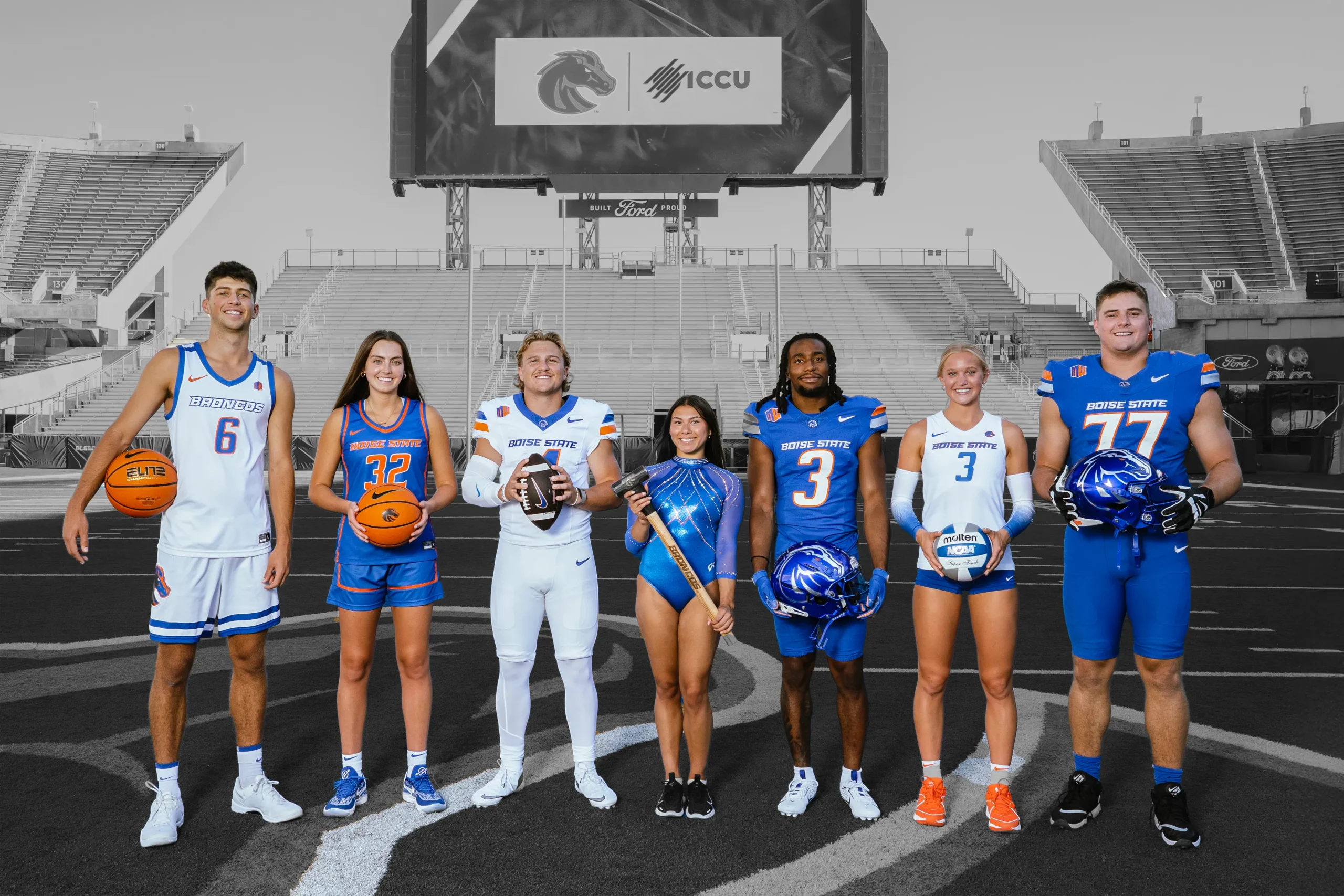 Group photo of Boise State student-athletes, from left to right: Pearson Carmichael, Natalie Pasco, Maddux Madsen, Isabella Delarosa, Latrell Caples, Lilli Etter, and Kage Casey.