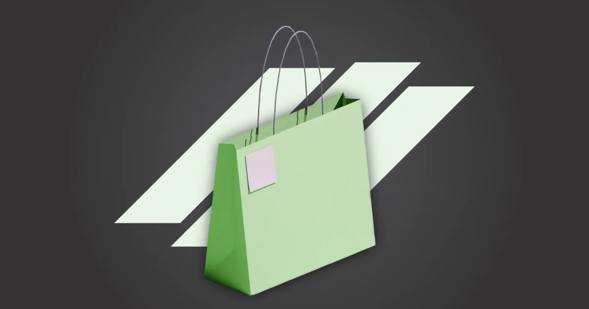 A green shopping bag in front of a grey background, which symbolizes a rewards credit card's signup bonuses.