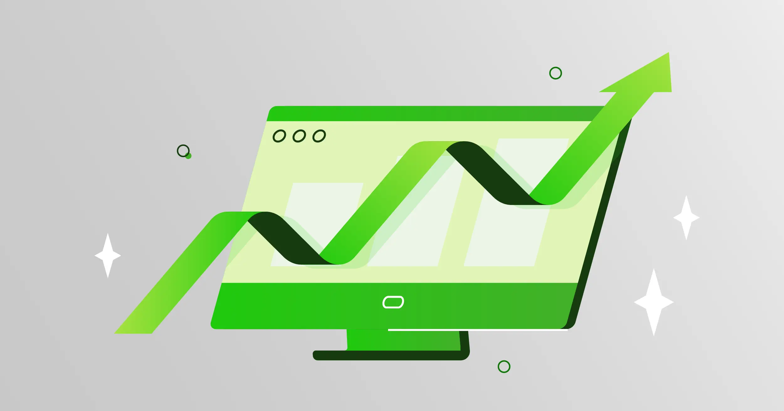 A green computer with a green arrow rising from the screen, meant to symbolize a business analyzed checking account.