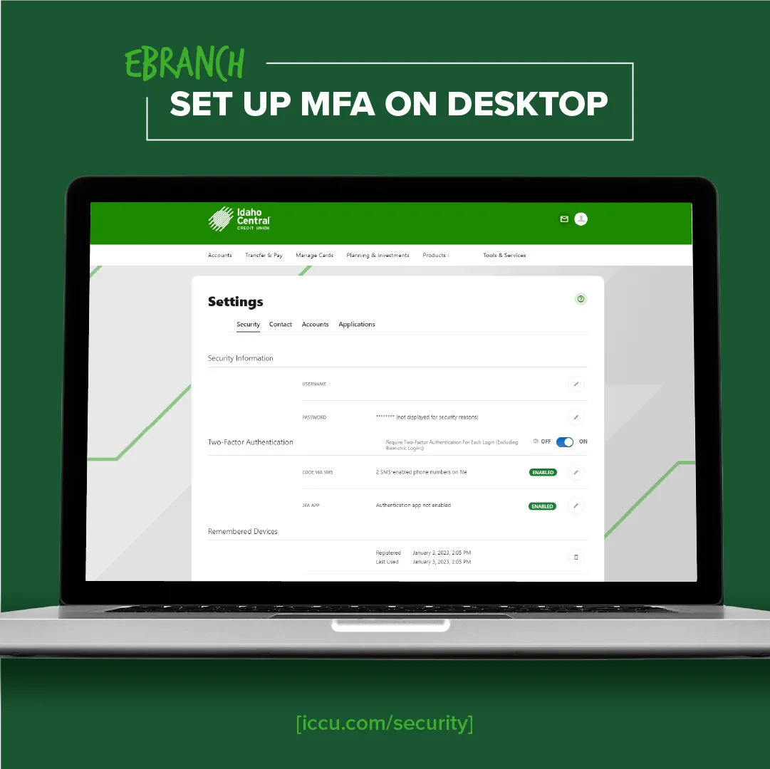A Macbook that shows users how to add multi-factor authentication (MFA) to their eBranch account.