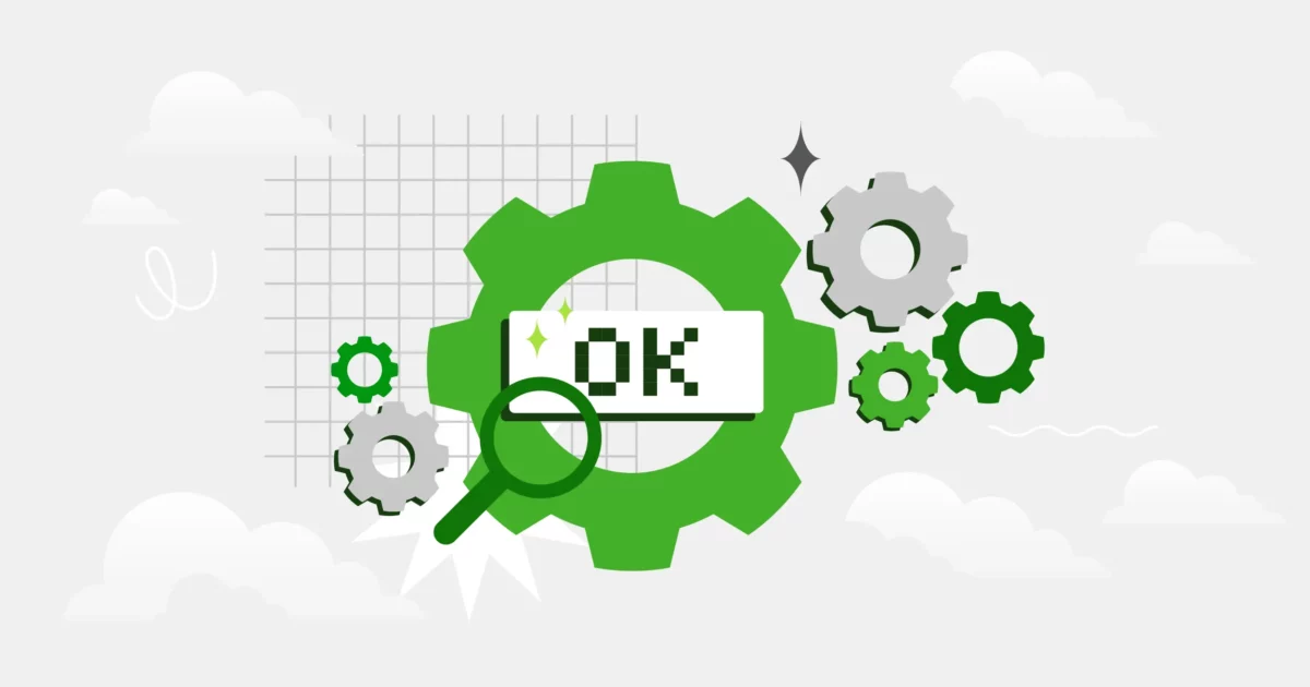 Green gears with a white "OK" button that represents a successful background check during the ICCU application process.
