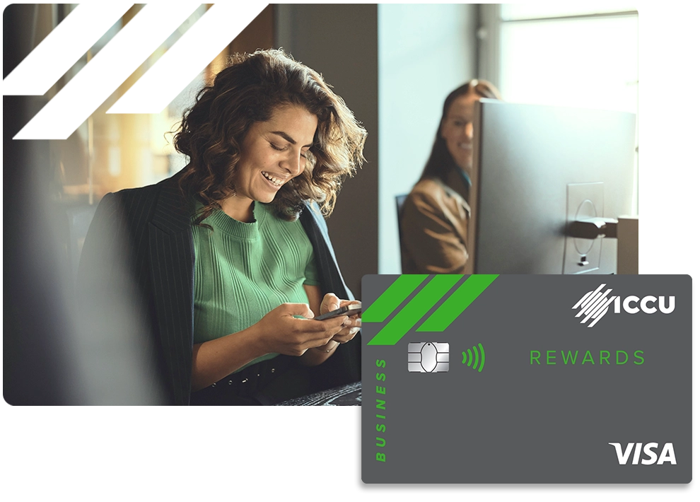 A lady looking at her phone with a graphic of the ICCU Business Rewards Credit Card